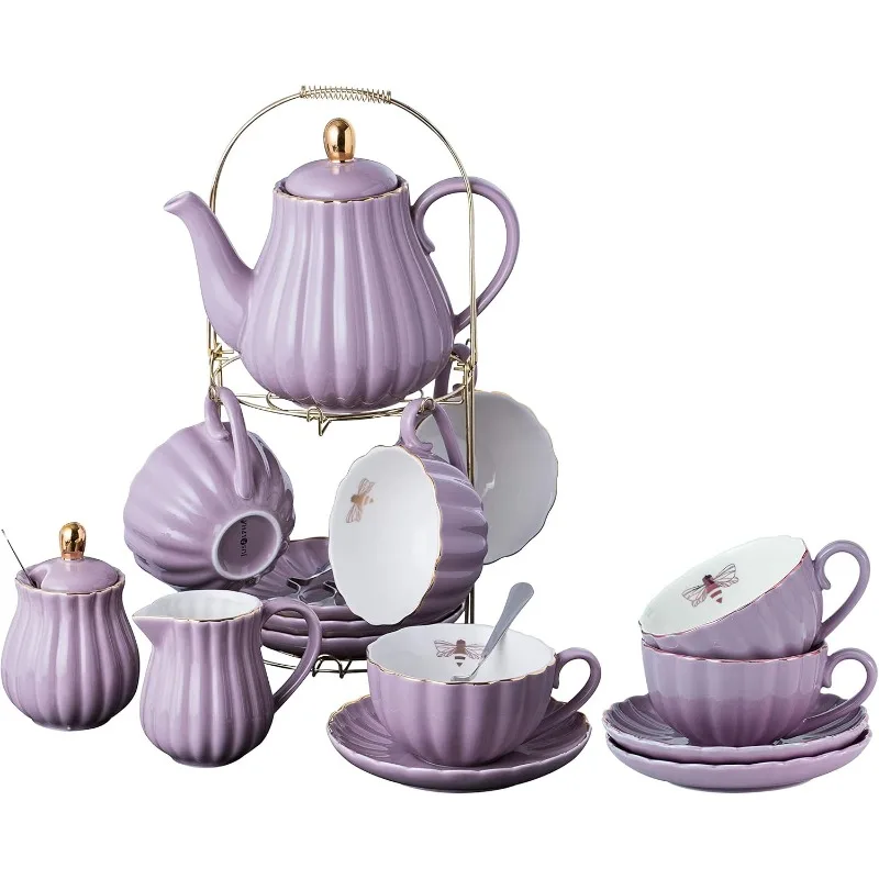 Serve for 6- Fine China Pink Coffee Cup/Teacup Set, 8 OZ Cups& Saucer, with Teapot-Sugar Bowl-Cream Pitcher Teaspoons and te