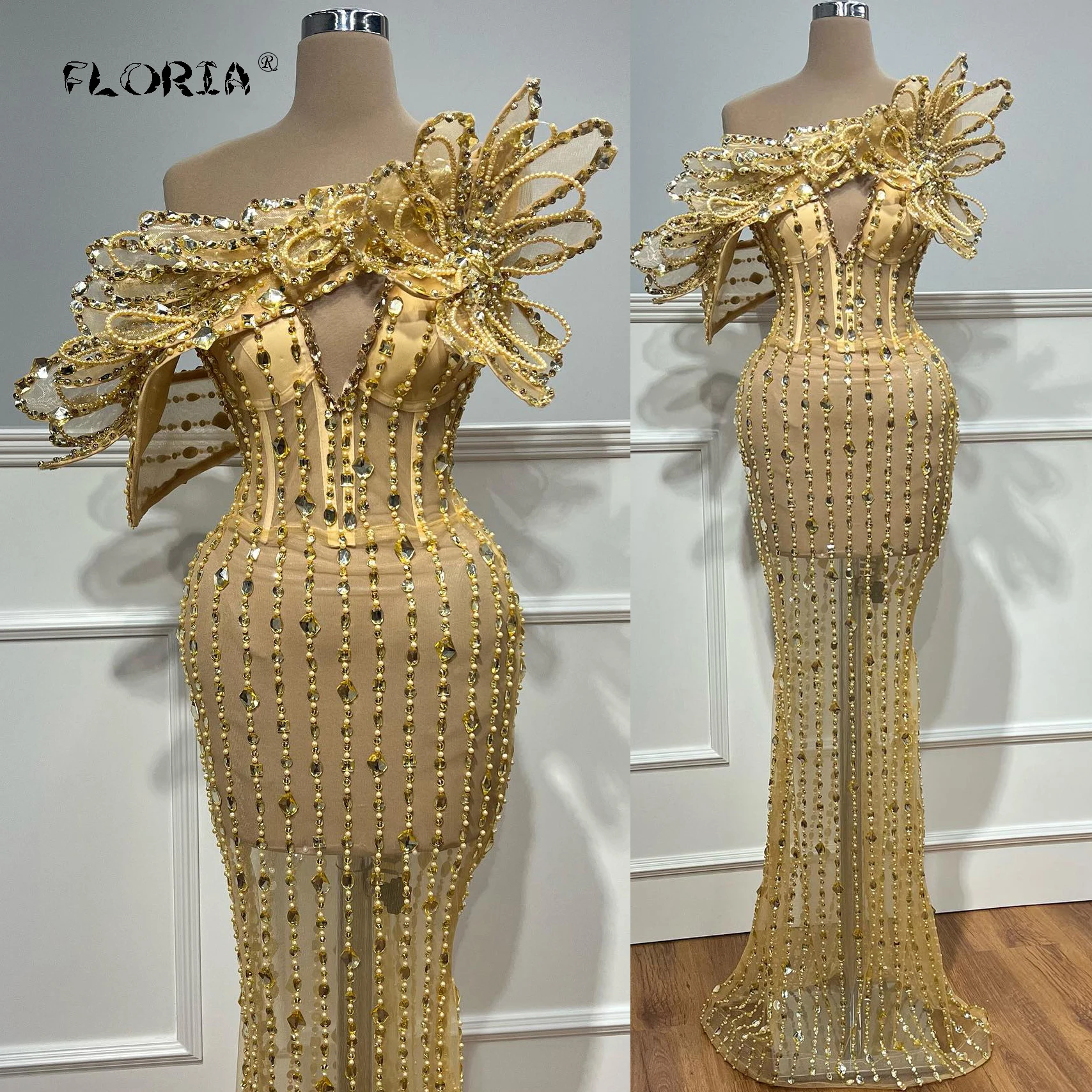 Gold Luxury Beaded Mermaid Evening Gown Off Shoulder 2025 Arabic Crystal Sleeveless Celebrity Dress for Women Customized