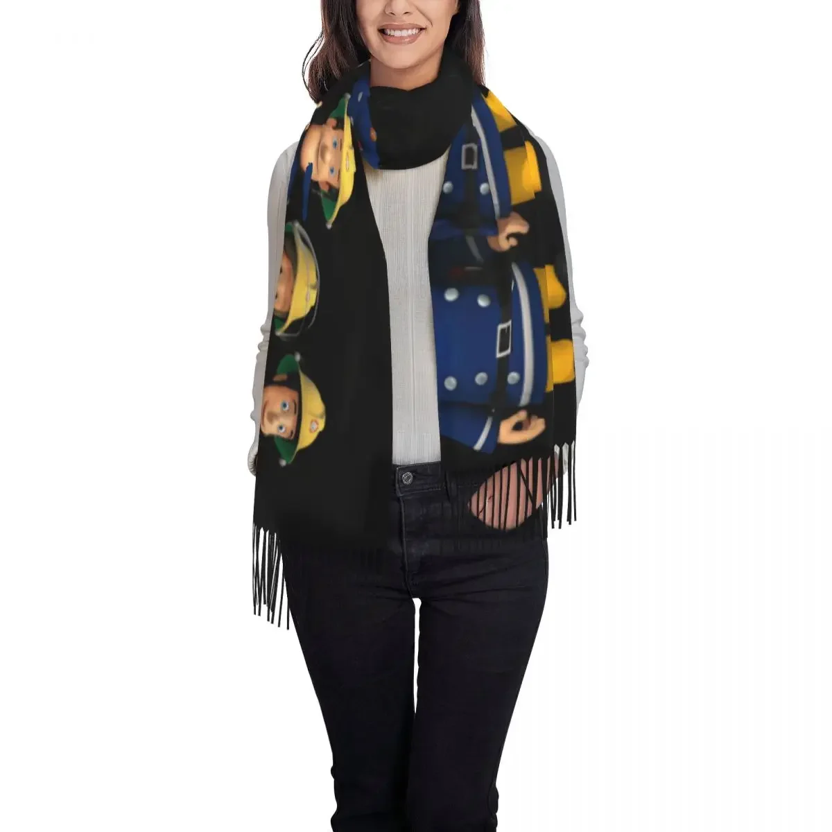 Stylish Fireman Sam Tassel Scarf Women Winter Warm Shawl Wrap Ladies Scarves