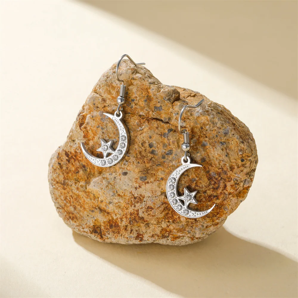 Moon Star Celestial Drop Earrings for Women  Sparkling Zircon Stainless Steel Dangle Earrings Elegant Fashion Jewelry Gift