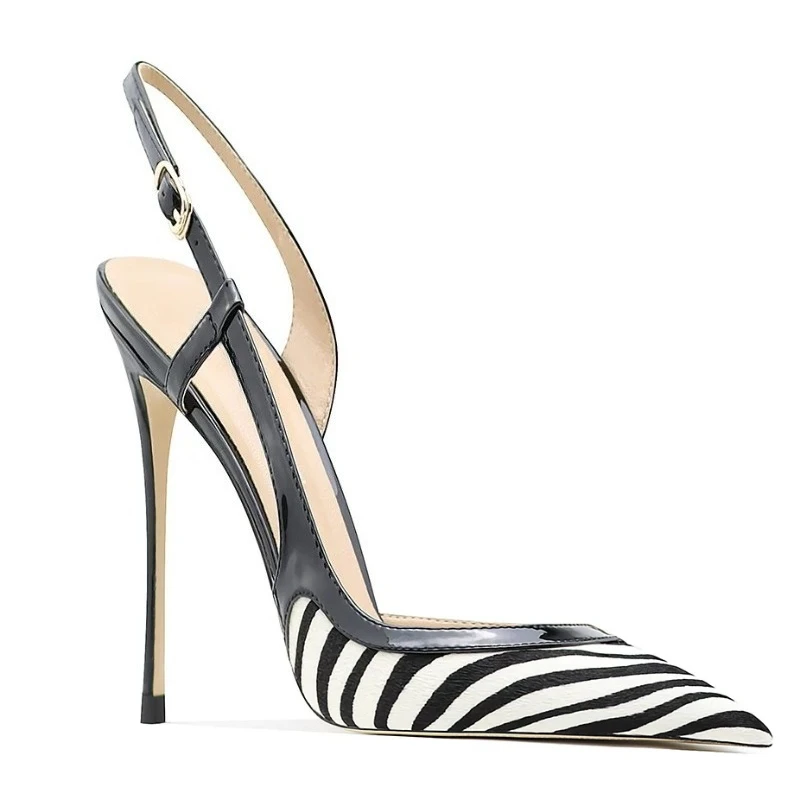 Women Zebra Print Pony Hair Pointed Toe Cutout Back Strap Sandals Thin Stiletto Heel Closed Toe High Heels