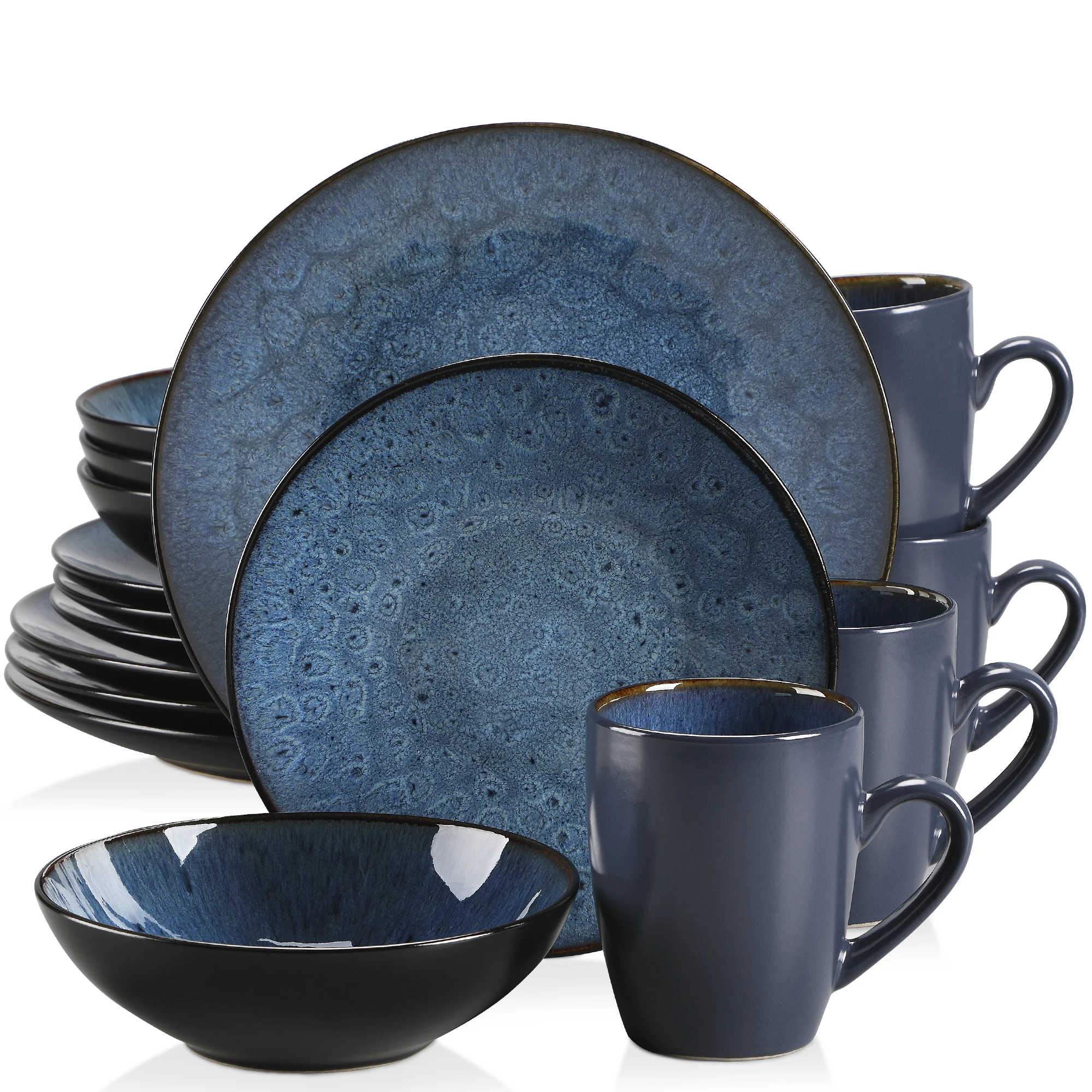 VANCASSO BUBBLE 16/32-delige serviesset vintage keramiek blauw/bruin steengoed set met diner- en dessertbord, kom, koffiekopjes