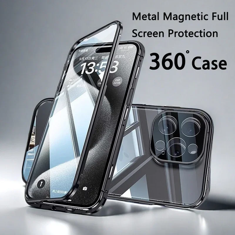 

Metal Magnetic Double-sided Snap Lock Magsafe Case For iPhone 16 15 14 13 Pro Max Double Sided Glass Lens protection cover