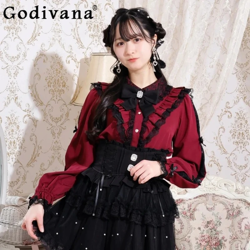 Japan's New Sweet and Cute Bow Lace Long-sleeved Shirt Playful Girls Fashion Versatile Loose Age-reducing Turn-down Collar Top