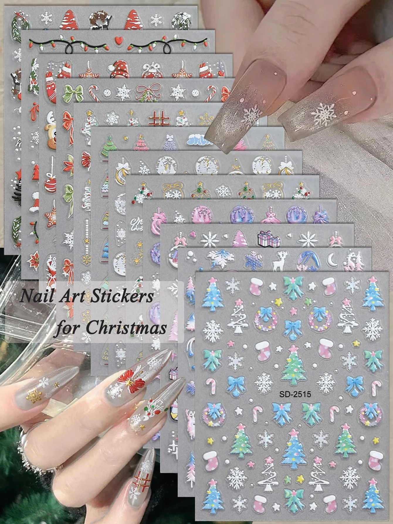 

3/6/12 Sheets Christmas Nail Art Stickers Snowflake Tree Candy Cane Gift Self-Adhesive DIY Manicure Decals Holiday Decoration