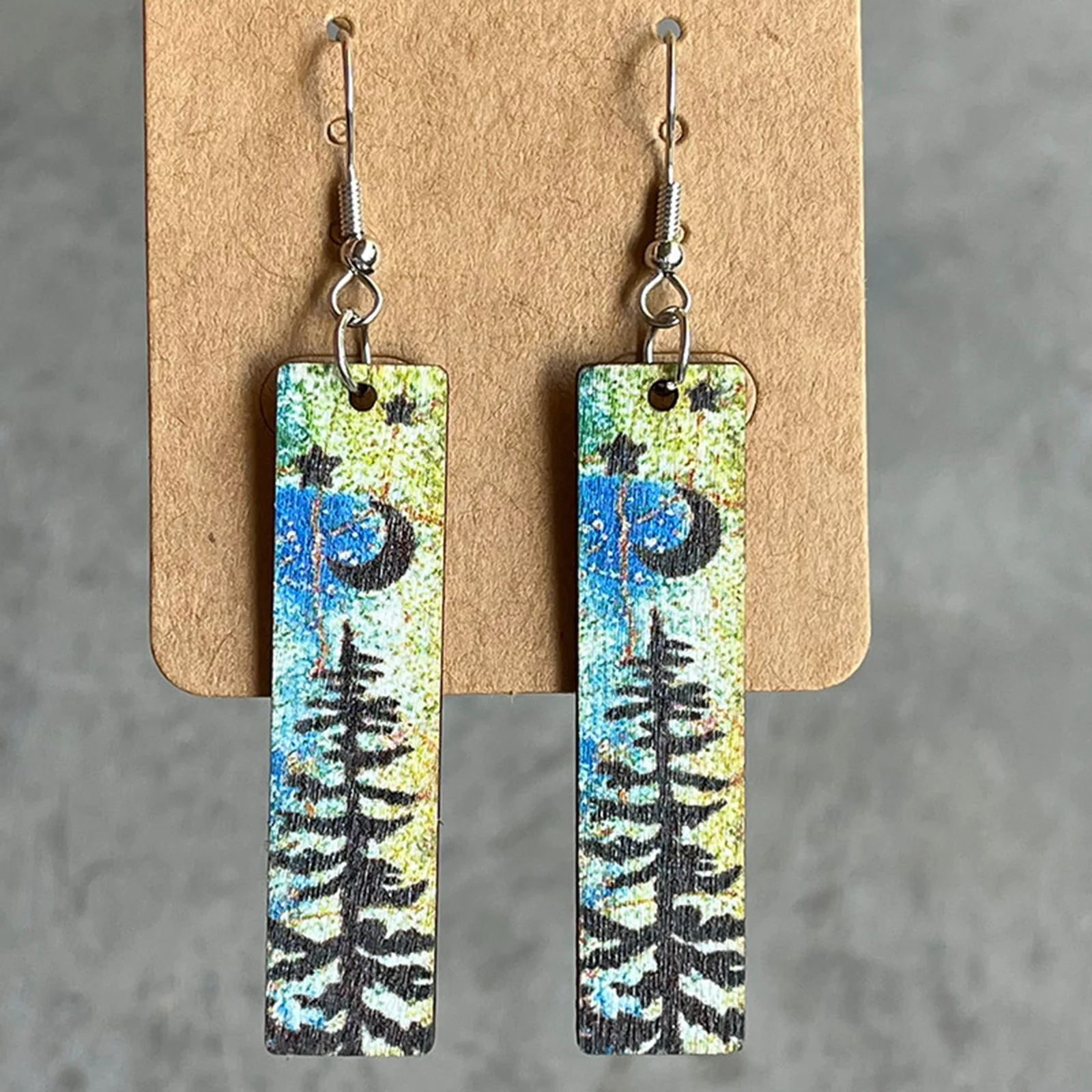 Wood Pastoral Style Earrings Rectangle Forest Minimalist Wood Night Stars Moon Natural Texture Colorful Print Strip Earrings