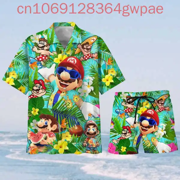 Super Mario Hawaiian Shirt Shorts Set Summer Men's Women's Casual Vacation Short Sleeve Beach Shirt and Shorts Two-Piece Set