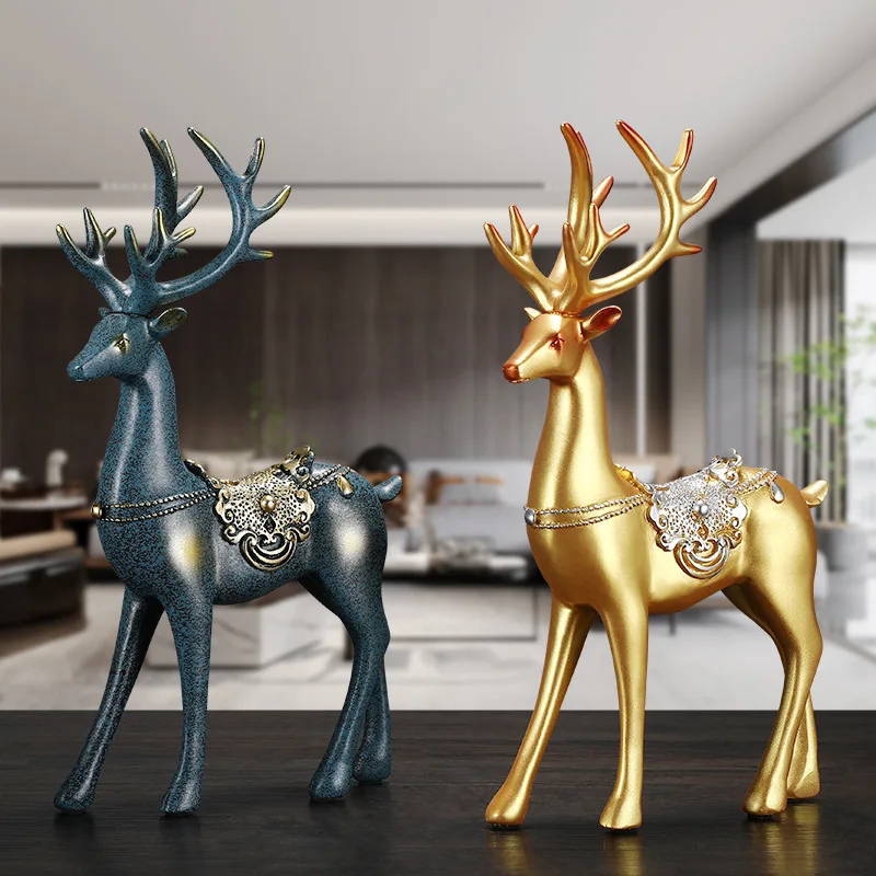 1 Pair Nordic Light Luxury Golden Deer Couple Resin Crafts for Home Wine Cabinet Decoration and Living Room Relocation Gift