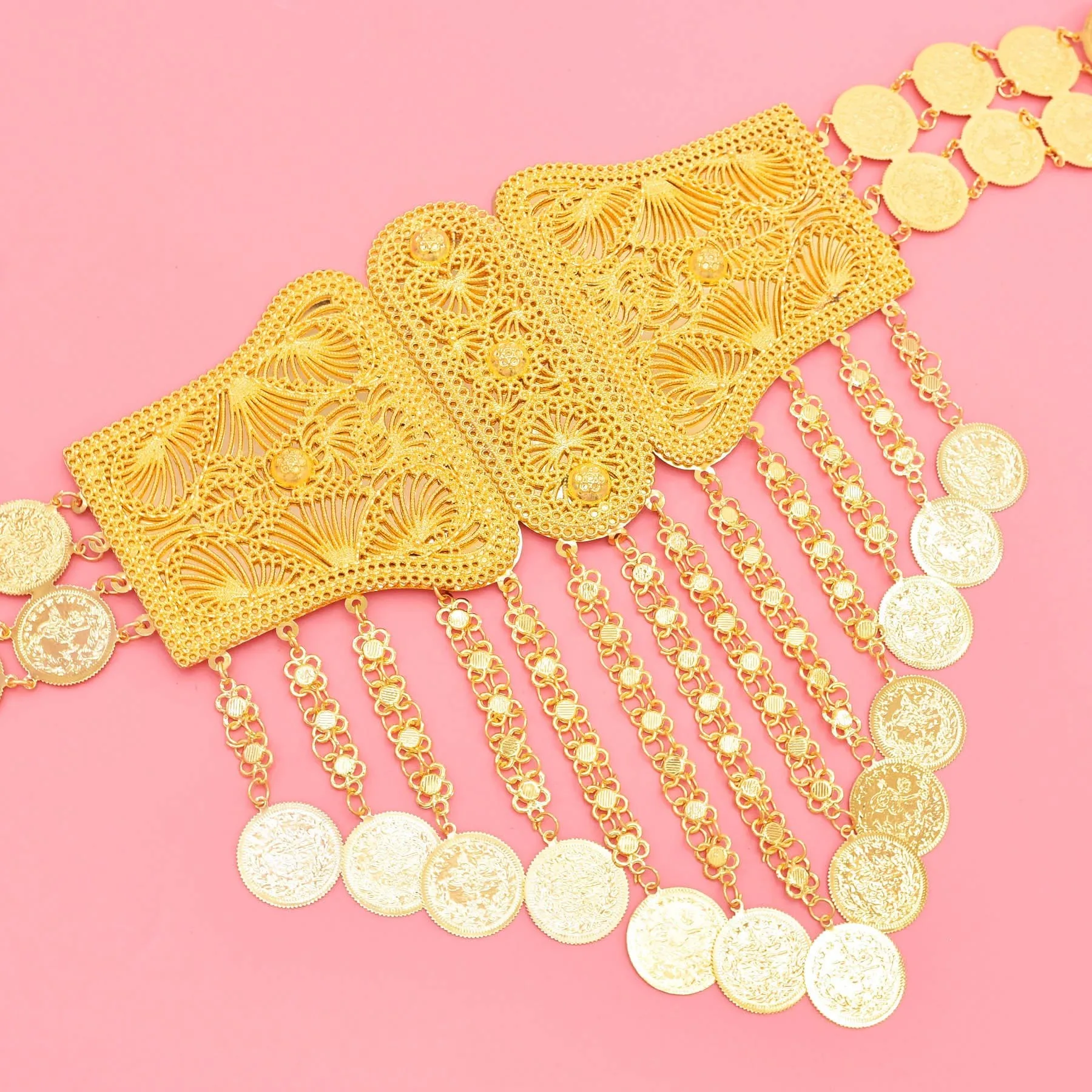 Indian Arab Metal Waist Chain Large French Coin Waist Belt Carved Flower Belly Chains Algeria Traditional Holiday Party Jewelry