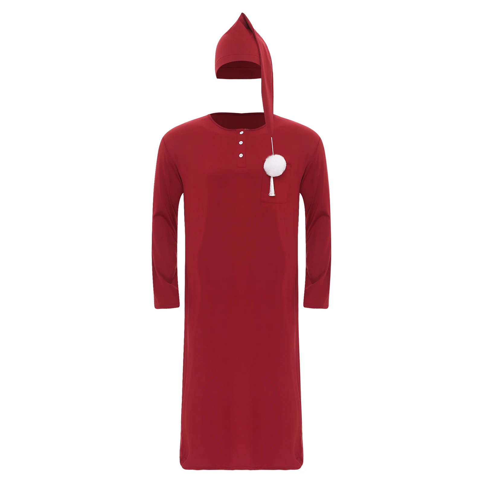 Mens Solid Color Sleep Robe with Hat Round Neck Long Sleeve Long Robe Pointed Hat with Pom-pom Loose Loungewear Sissy Nightwear