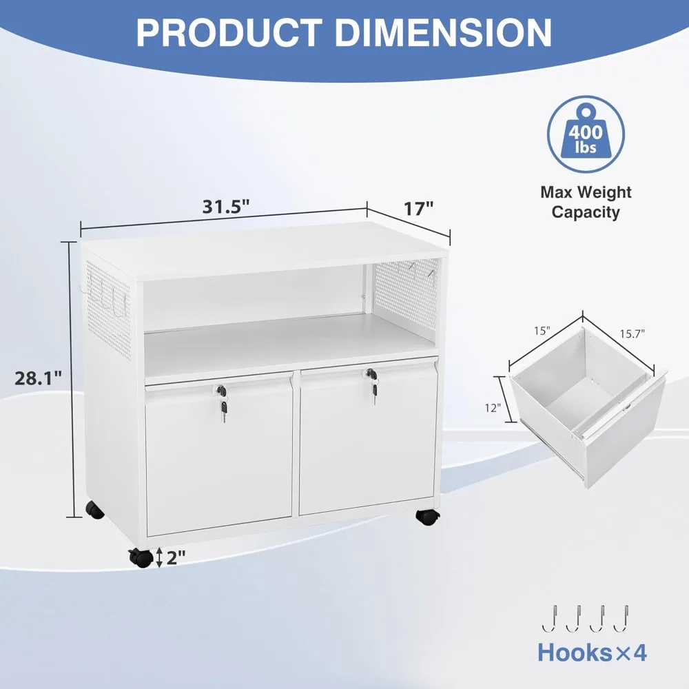 Schedario laterale in metallo con serratura a 2 cassetti con supporto per stampante con rotelle e ripiani portaoggetti per l'organizzazione dell'home office