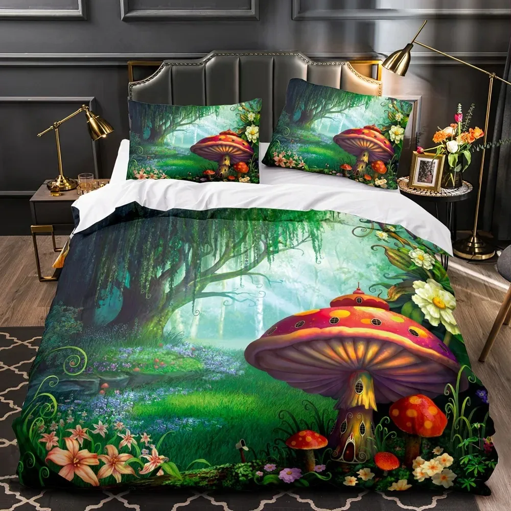 Mushroom Fairy Forest Duvet Cover Magic Lilliputian Cartoon Fungus Plant Bedding Set Fantasy Garden Polyester Comforter Cover