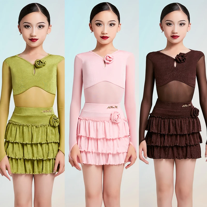 2025 新しいラテンダンス競技服女の子のためのメッシュ袖付きスプリットスカートスーツチャチャルンバタンゴドレスラテンウェア DQS21336