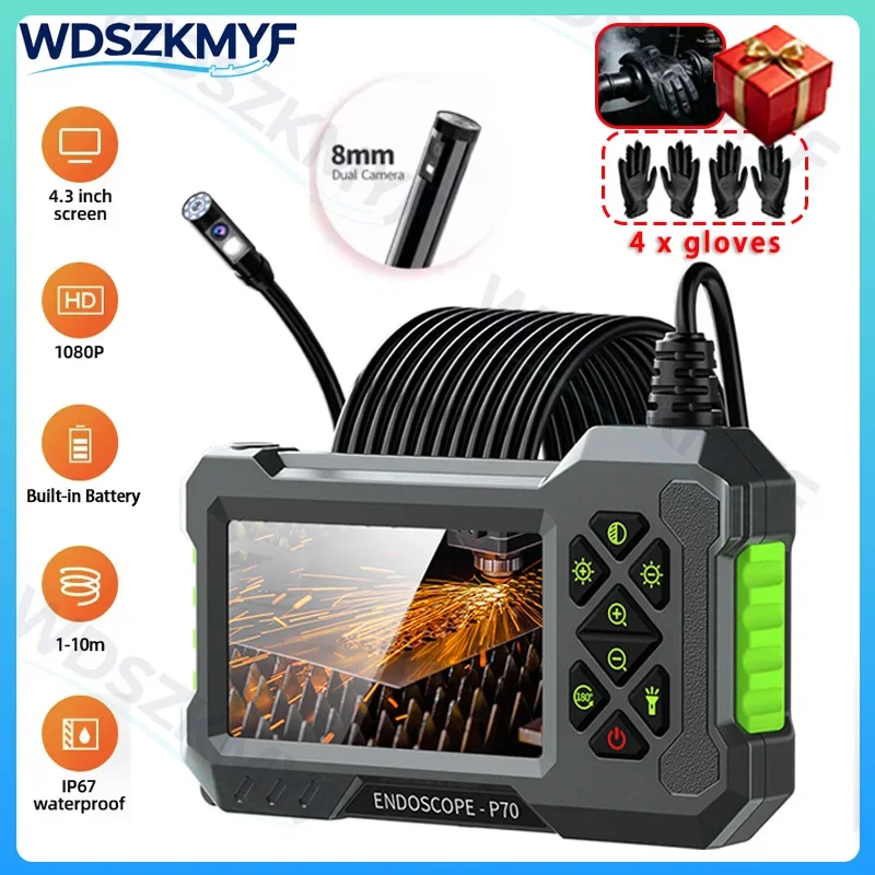 4.3inch IPS Screen Industrial Endoscope 8mm HD1080P Camera IP67 Waterproof 8 LED Light Inspection Borescope for Pipe Car Repair