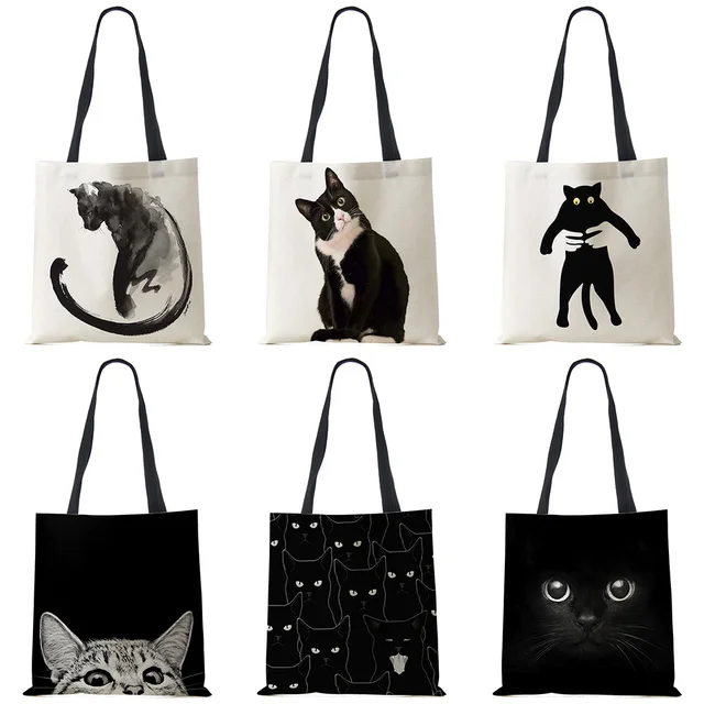 Damskie designerskie torby na ramię Sumi Black Cat z nadrukiem lnianym Tkanina ekologiczna Torebka na zakupy Biuro Wielokrotnego użytku codzienna torba na ramię