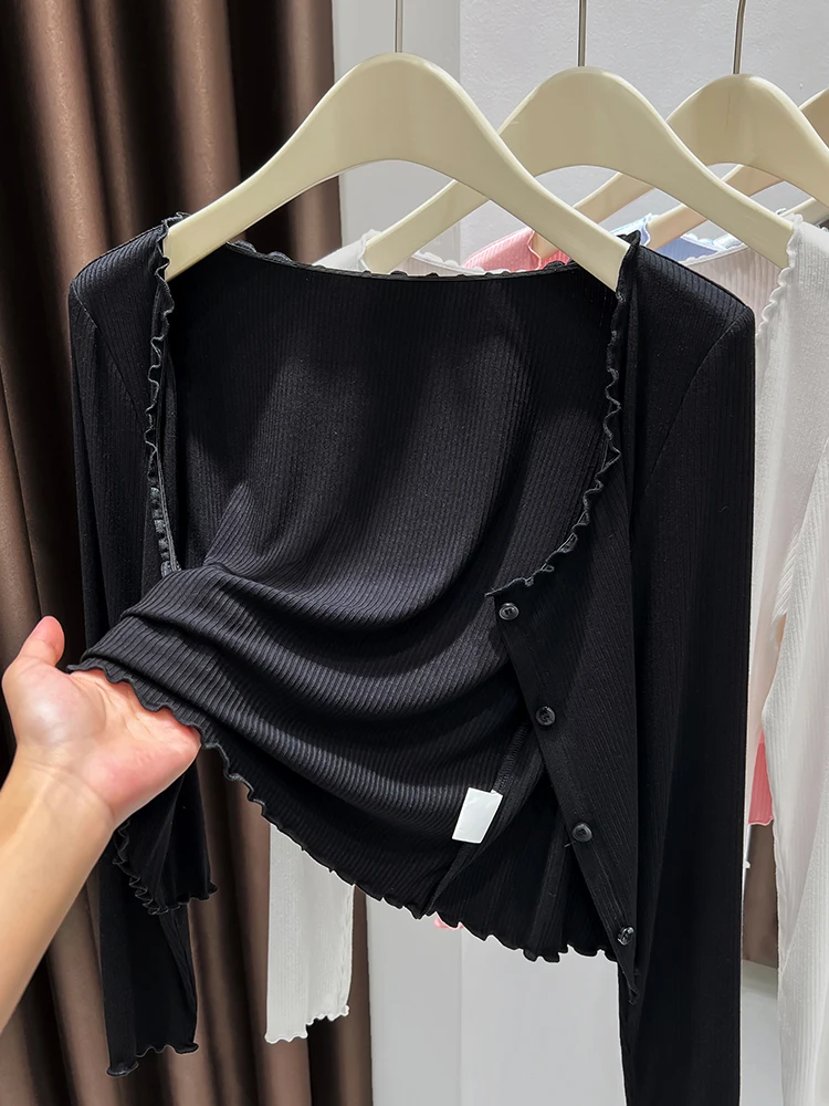 

Женский вязаный солнцезащитный открытый кардиган, тонкий топ с ремешком, жилет, накидка, верхняя одежда Wood ain Ruffle ort