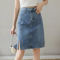 Kawaii with Pocket Cute Slit Women's Denim Skirt Midi Female Jeans Skirts Chubby Chic and Elegant A Line Clothing Sales V Modest