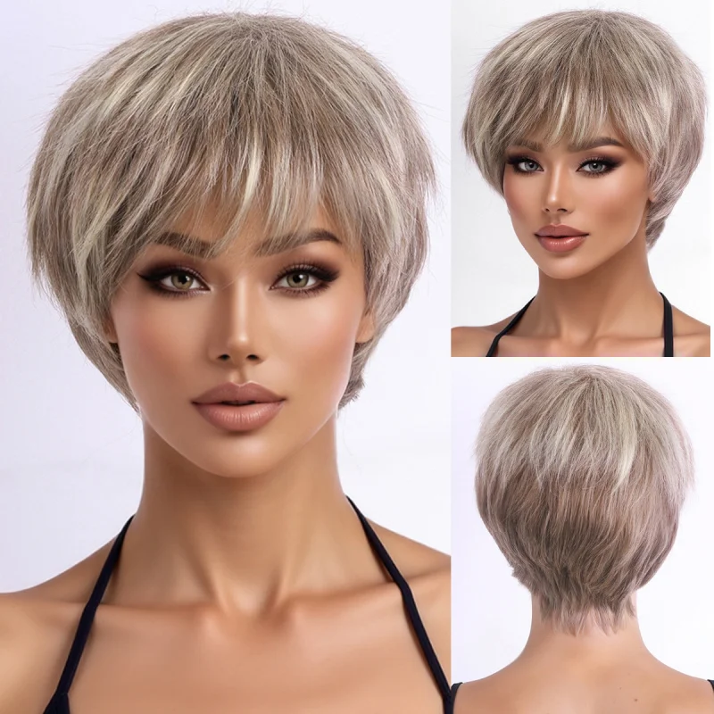 Short for women, naturally fluffy full headpiece, age-reducing bob wig, unisex, cool and stylish, Korean-style men's hairsty
