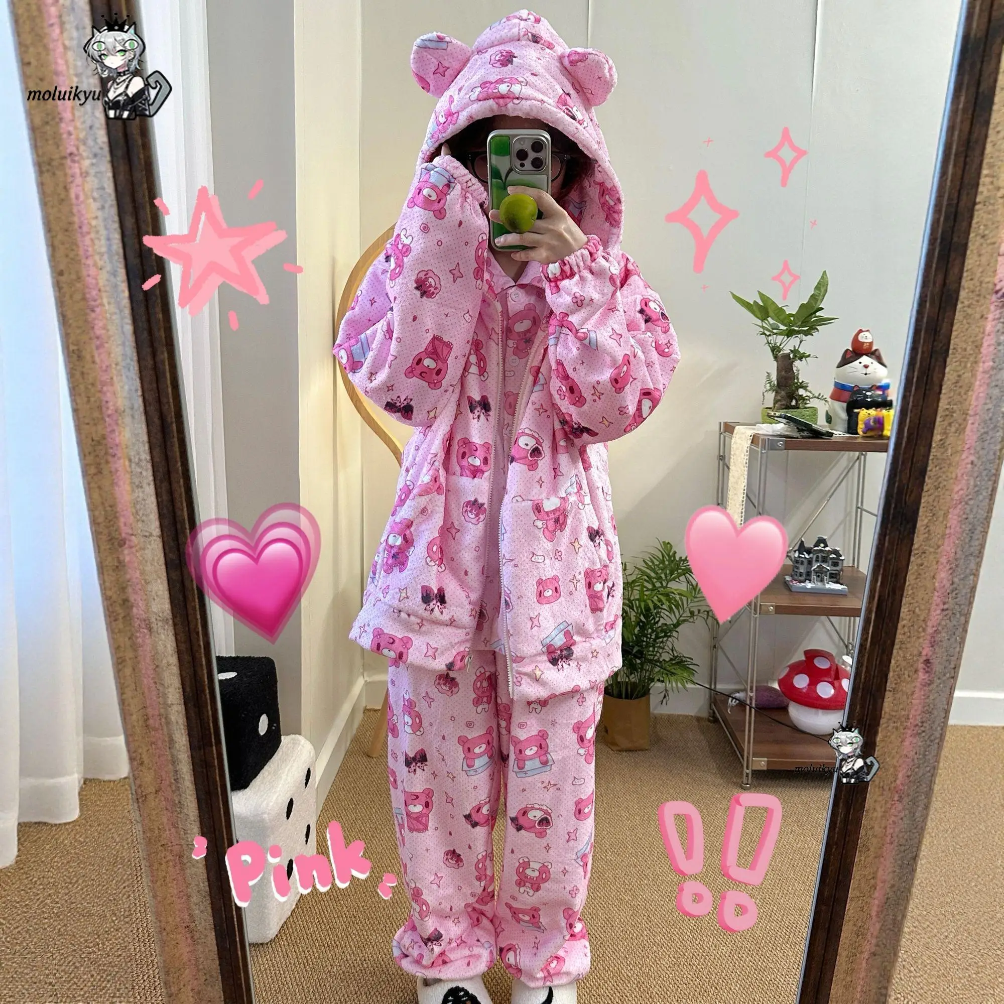 2Pcs Women Kawaii Pink Gloomy Bear Pajama Set 3D Bear Ear Hooded Zipper Flannel Sleepwear Warm Winter Thicken Loungewear Gift