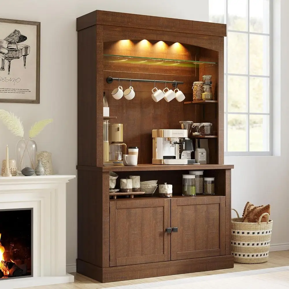 

72 Tall LED-Lit Coffee Bar Cabinet with Storage, Microwave Stand, Wine Rack & Glass Shelf for Dining Room in Warm Brown