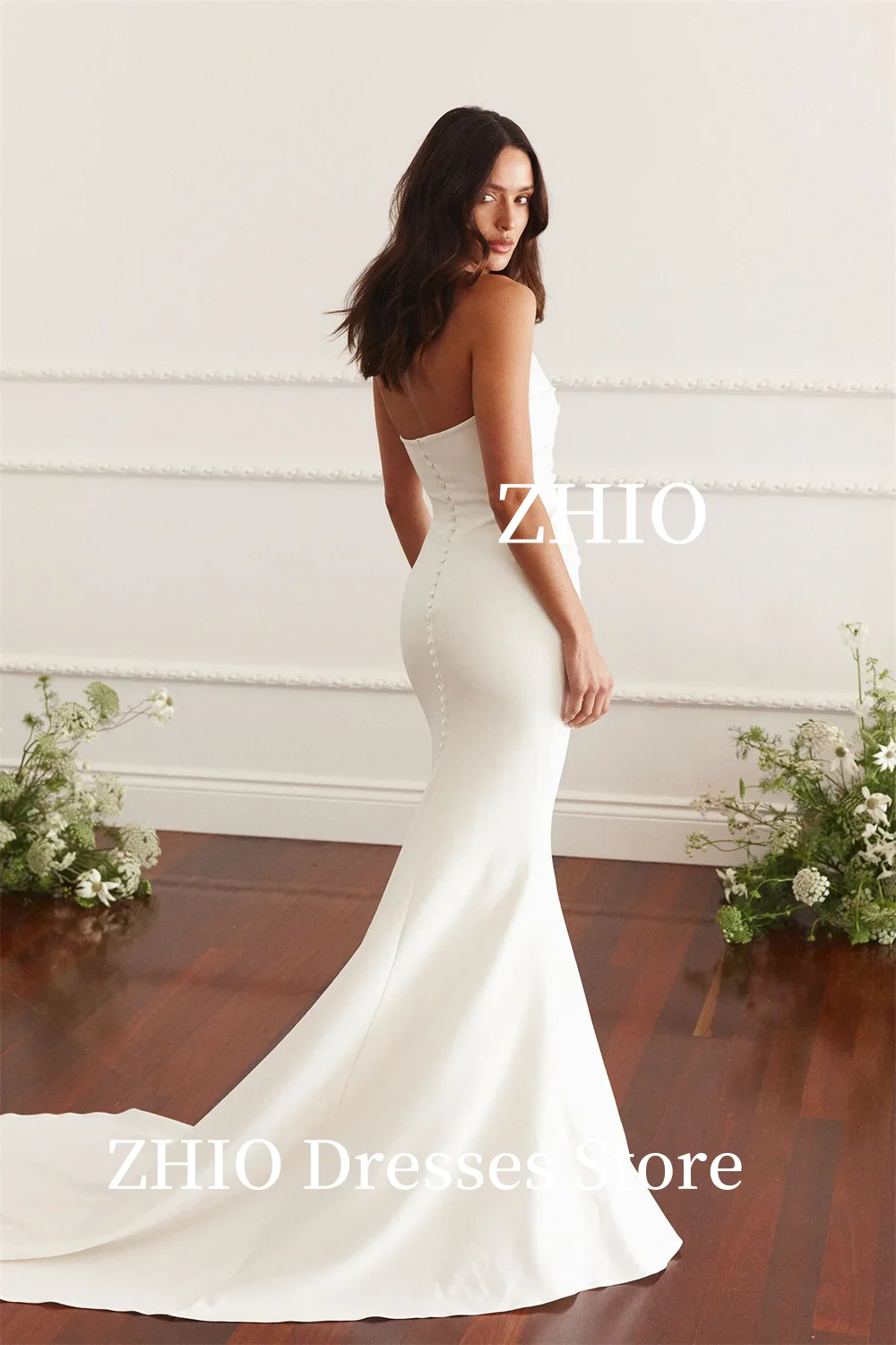 ZHIO Gaun Pengantin Sederhana Gaun Malam Putri Duyung Tanpa Tali Gaun Malam Sapu Kereta Wiru Tanpa Lengan Kancing Belakang Disesuaikan Gaun Pengantin