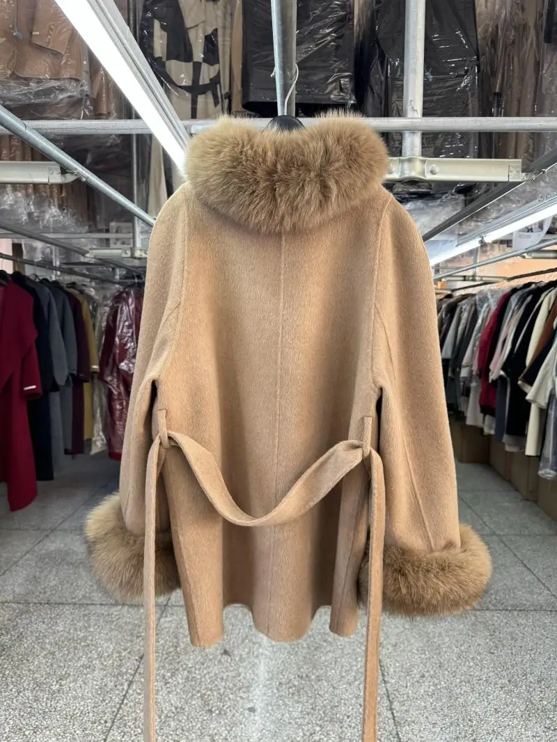 Winter New Style Real Fur Sleeve Women Coat Fox Fur Double-sided Woolen Overcoat Jacket for Women Long Sleeve Cardigan Wool Coat
