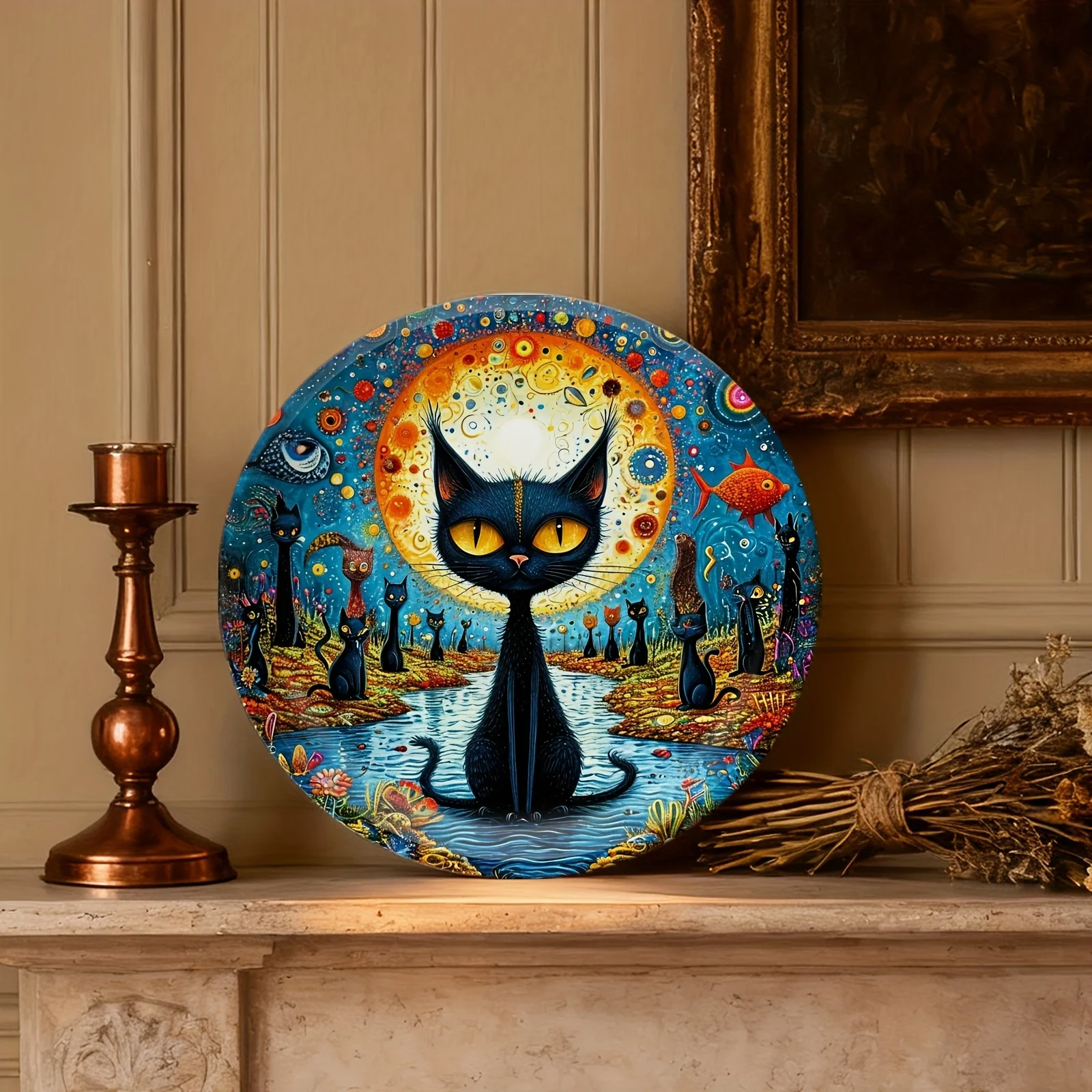 1pc Artistic Wall Decor | Modern Ceramic Round Plate with Colorful Cats Under the Moon Design, Non-Food Contact, Ideal for Home