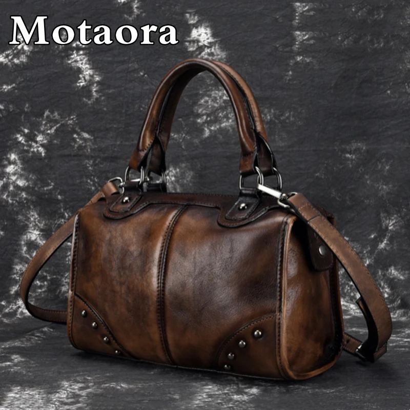 MOTAORA Vintage Women\'s Bag Handmade Handbags For Women Genuine Leather Shoulder Bags Luxury Designer Boston Bag Ladies Handbag