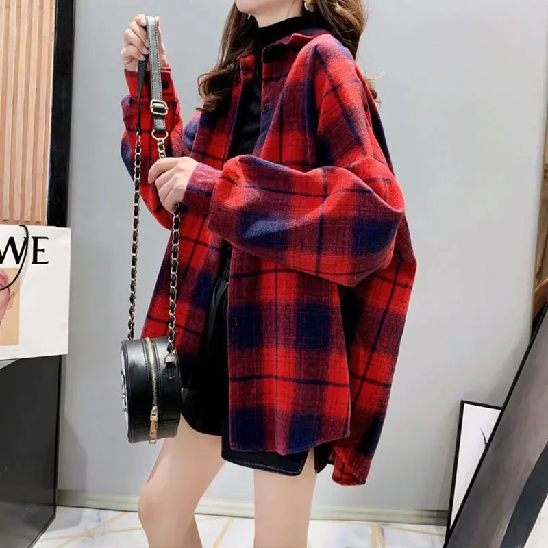 2022 spring Autumn Plaid  shirt Female medium long lantern sleeve Loose wild casual coat Vintage Hong Kong  flavor  Long sleeve