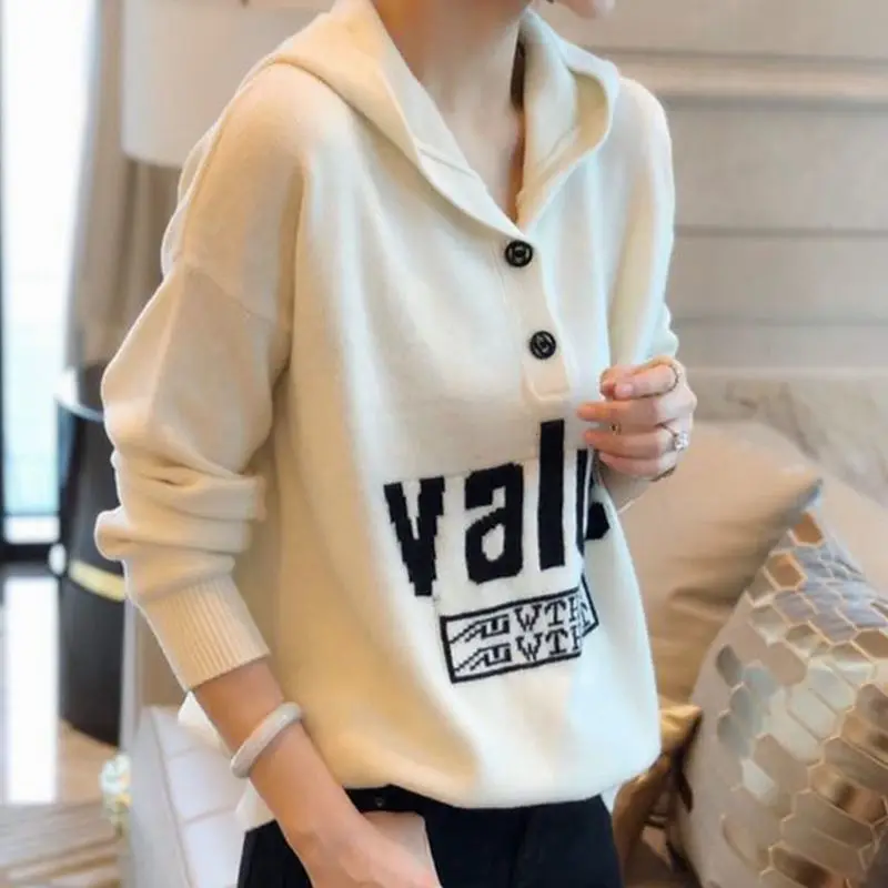 Casual Solid Color Letter Hooded Sweaters Autumn Winter Stylish Button Korean All-match Commute Female Clothing Knitted Jumpers