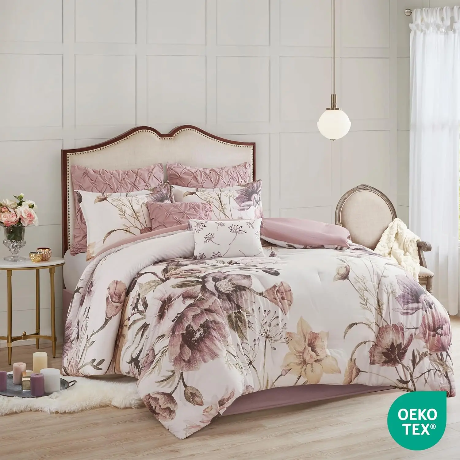 Park Floral King Comforter Set, Cotton Rich Bedding Set Feminine Design Shabby Chic King Size Comforter Sets, All Season Bed Cov