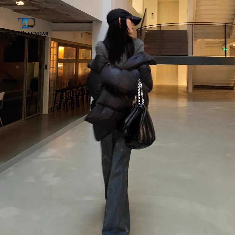 黒のダウンジャケット、ミディアム丈、90%ホワイトダックダウン、厚手で暖かい、多用途、スタンドカラー、ブレッドジャケット、レディース、2025年冬