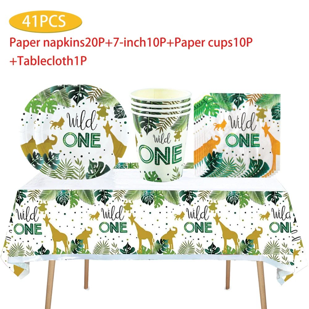 40/41/51/60 pcs Green Wild theme party supplies Disposable plates Paper towels Paper cup tablecloth Table fork set tableware dec