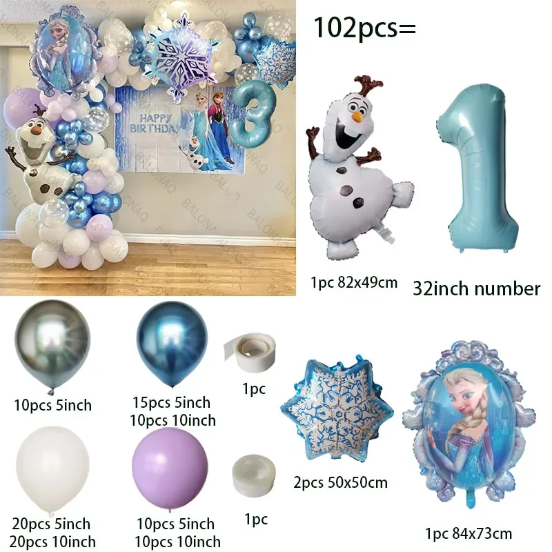 102pcs Disney Balloons Garland Arch Kit Olaf Foil Balloons Frozen Elsa Anna Princess Theme Birthday Party Decors Air Globos