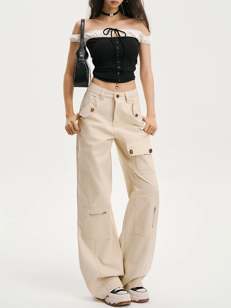 High Waist Cargo Pants Women's Coffee Color Bell Bottoms Multi Pockets Street Style Casual Trousers for Ladies Cotton Material