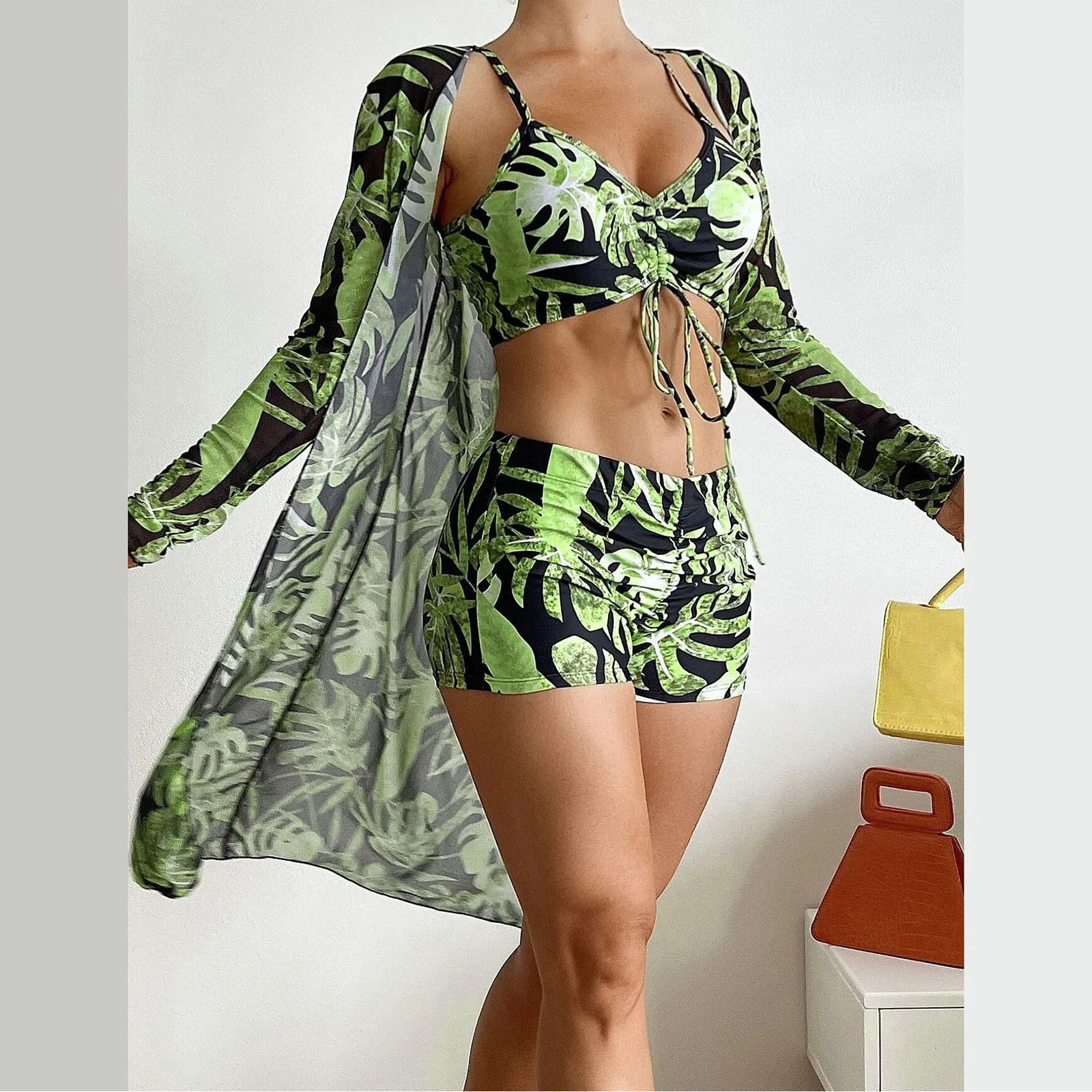 Bandage High Waist Bikini Set Cover Up Swimsuit For Women Push Up Long Sleeve Three Pieces Swimwear Beach Bathing Suits