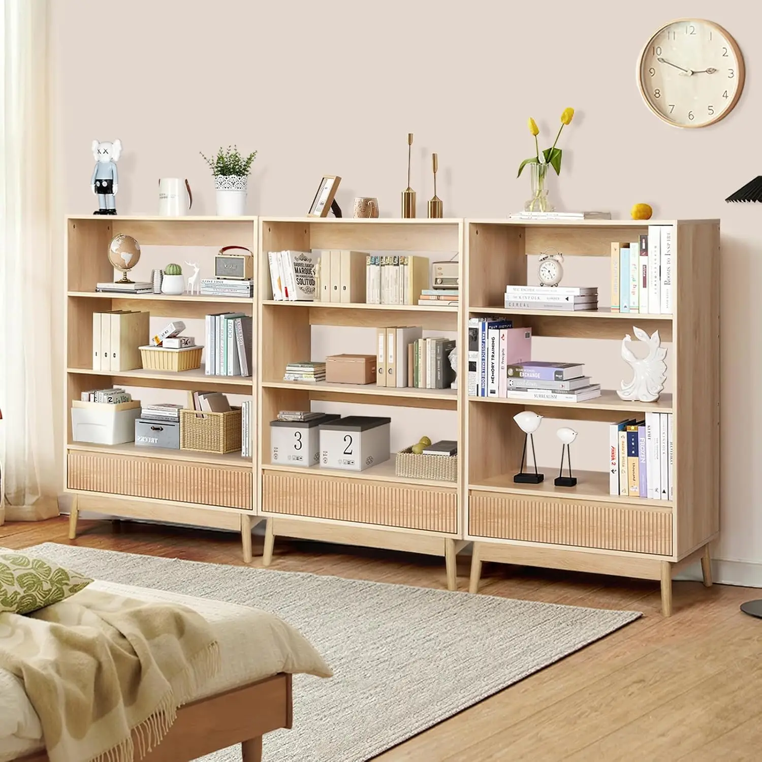 4-Tier Bookshelf, Tall Bookcase with 1 Storage Drawers, Wood Storage Shelf ，Natural Wood Display Standing Shelf Units.