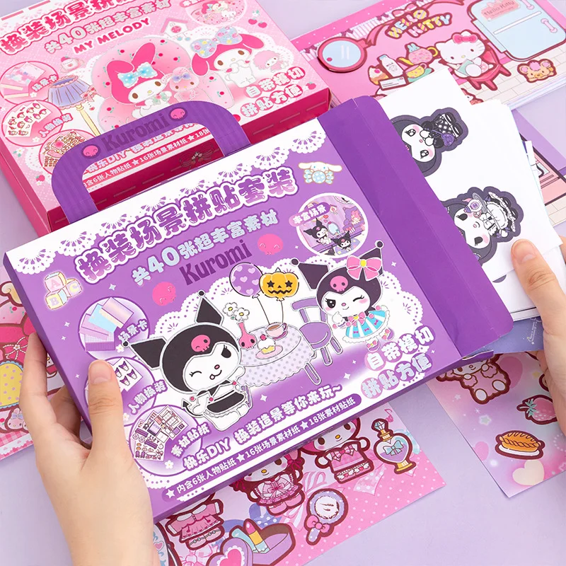 New Anime Sanrio Portable Quiet Book Stickers Kawaii Cartoon Kuromi My Melody Scene Collage Set Gift Box 3D Bubble Sticker Set