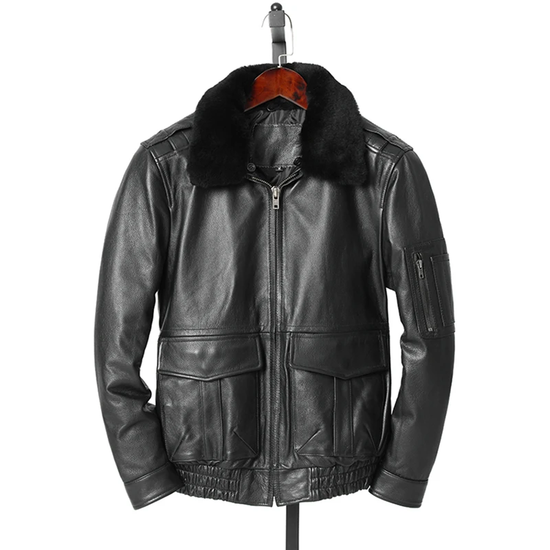 

New Cotton Enhanced Winter Leather Jaet Men's Top Layer Cowhide Stand Collar Fur Collar ort Sle Pure Leather Flight Sui...