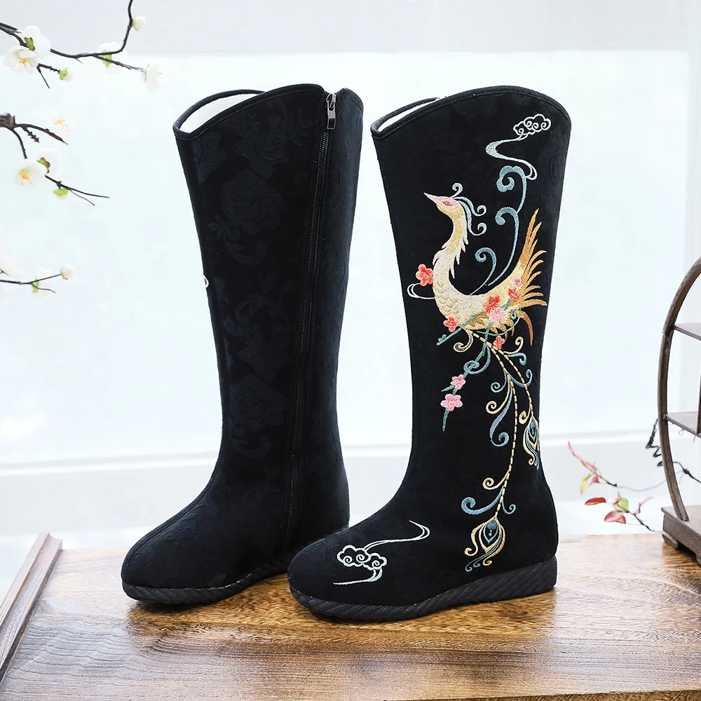 Veowalk 6cm Inside Wedge High Heel Winter Women Cotton Warm Lining Mid-Calf Long Boots Chinese Embroidered Shoes Black White