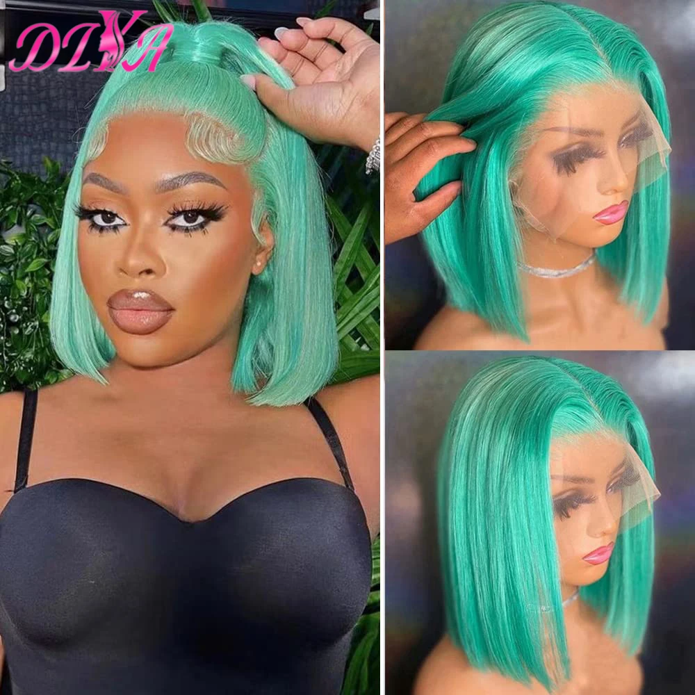 Mint Green Bob Human Hair Wig 13X4 Lace Front Straight Short Bob Pre Plucked Hairline Brazilian Remy Human Hair Wig for Women