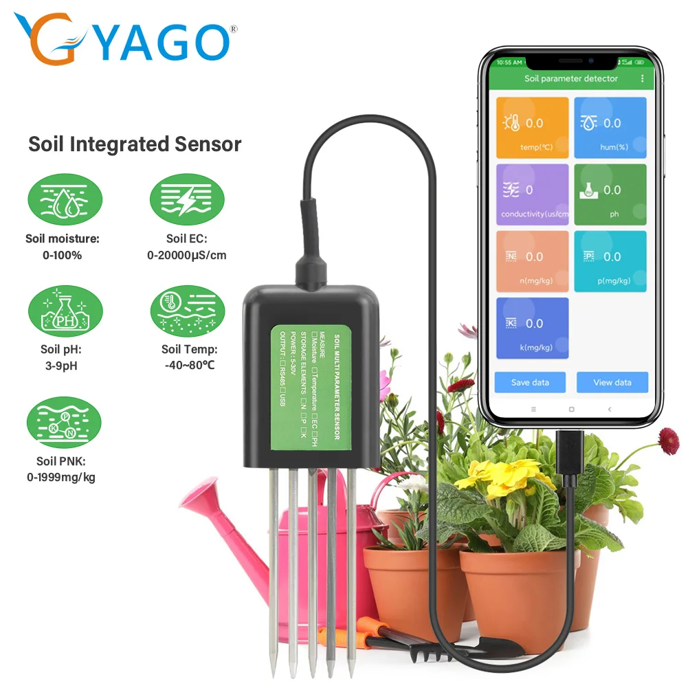 YAGO Soil Sensor pH EC Moisture Meter for Agriculture Soil NPK Tester for Android USB App 7 in 1 Soil Nutrient Detector