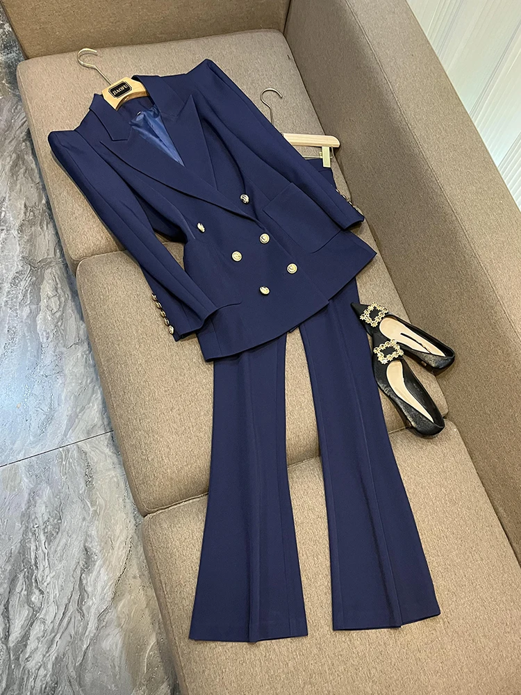 

2023New Street High-Quality Design Royal Blue Women Fashion Elegant 2Pieces Blazers Sets With Shoulder Pads Personize Lady Suits