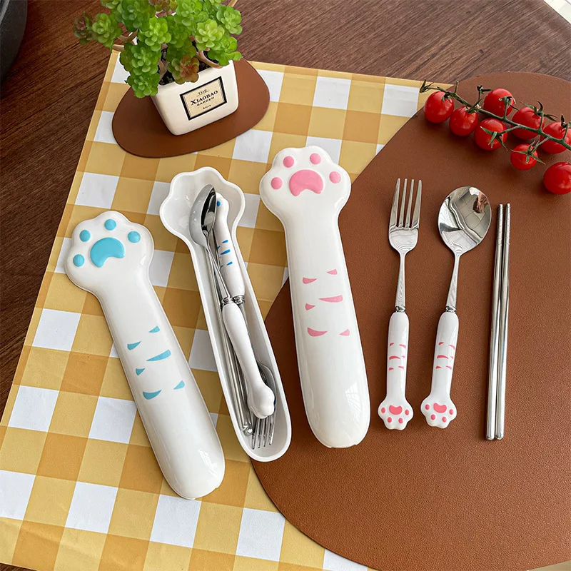 Portable Stainless Steel Cutlery Set Cute Cat Paw Handle Chopsticks Fork Spoon Travel Dinnerware with Case for Kids and Adults