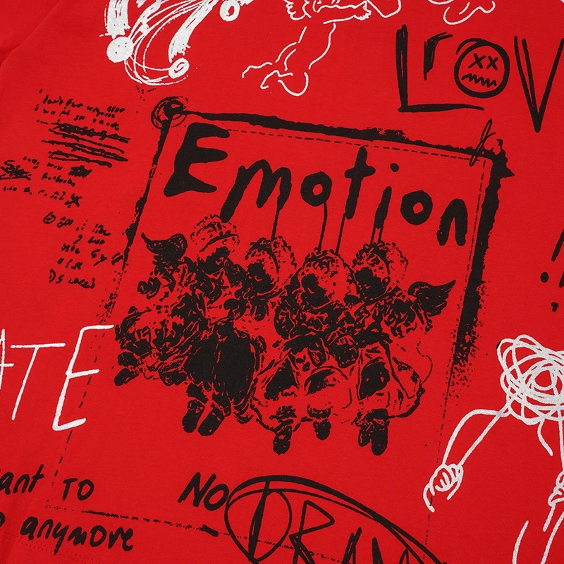 High-Street-Punk-Graffiti-Engel-Print T-Shirts für Männer, Übergroße Rote Kurzarm-Grafik-Tops, Lässige Kleidung aus Baumwolle für den Sommer – Detail 8