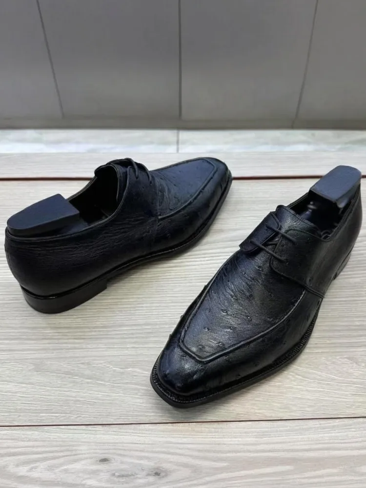 Business Casual Ostrich Leather Round Toe Lace-Up Male Dress Shoes Genuine Leather Hard Wearing Solid Color Low-Heel Derby Shoe