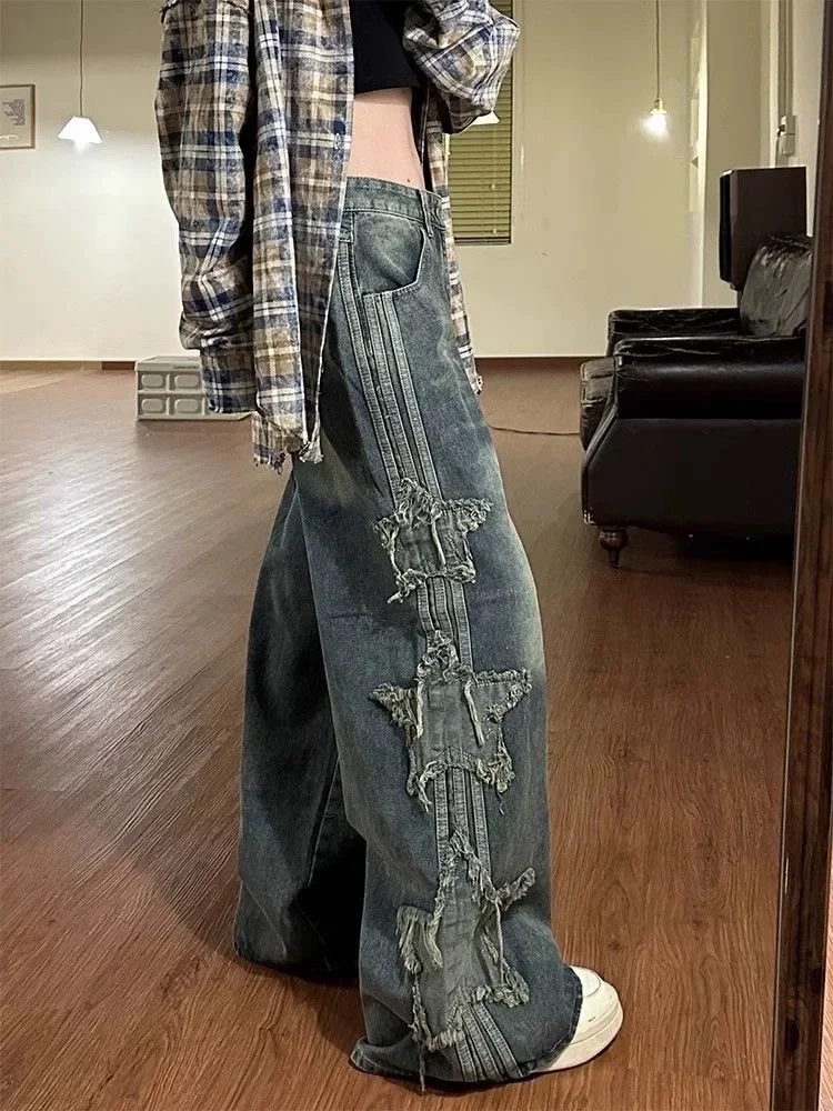 Casual gewassen ster grafische patch vloerlengte jeans noodlijdende rechte vintage denim broek dames wijde pijpen broek streetwear