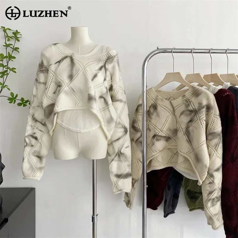 LUZHEN 2024 Autumn Winter New Personalized Big Neck Tie-dyed Design Long Sleeve Knitted Pullover Tops Women's Sweater AA2076