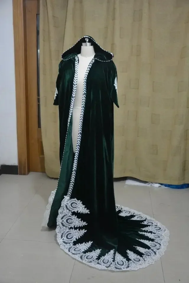 Dark Green Velvet Bridal Cape with Hood - usage example
