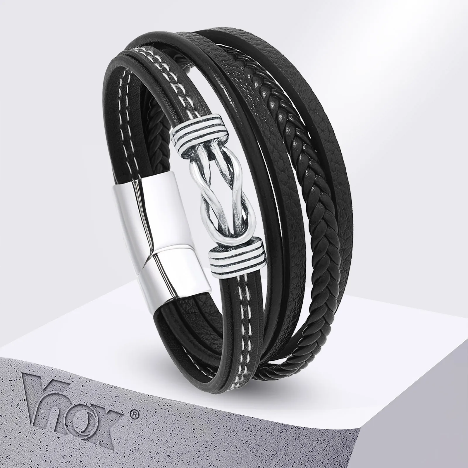 Vnox Inifinity Love Knot Bracelets Gift for Him Husband Boyfriend, Layered Black PU Leather Wristband Jewelry Homme Pulseras